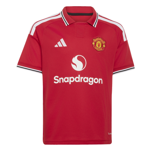 Red Manchester United home jersey with the white Adidas logo, club crest, and Snapdragon sponsor. It features white shoulder stripes and black-and-white trim on the collar and sleeve cuffs.