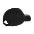 Rear side view of a black baseball cap with three white stripes on the brim and an adjustable back strap.