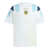White Adidas t-shirt featuring the Argentina football crest and gold logo, with light blue and navy blue geometric panels on the shoulders and sleeves.
