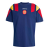 Navy blue Adidas Spain t-shirt with red and yellow color-blocked shoulders. It features a centered white Adidas logo and the Spanish national team crest.