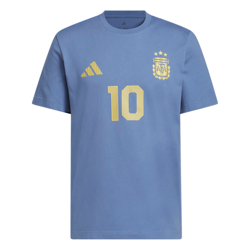 A light blue short-sleeved t-shirt featuring a gold Argentina national football team crest with three stars, the gold number 10, and a gold Adidas logo.