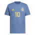 A light blue short-sleeved t-shirt featuring a gold Argentina national football team crest with three stars, the gold number 10, and a gold Adidas logo.