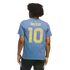 Rear view of a person with dark curly hair wearing a blue t-shirt with gold "MESSI 10" on the back and black athletic shorts, set against a black background.