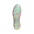 Bottom view of an iridescent light blue and pink Adidas Copa football boot sole with transparent conical studs.