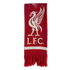 Red Liverpool FC scarf featuring a white Liver bird crest and "L.F.C." text above a white horizontal stripe and red fringe.
