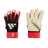 Front and back view of a pair of black, red, and white Adidas Predator Fingersave goalkeeper gloves.