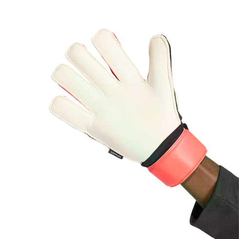 A person wearing a white goalkeeper glove with a bright coral wrist strap, shown against a white background.