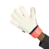 A person wearing a white goalkeeper glove with a bright coral wrist strap, shown against a white background.