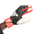 An Adidas goalkeeper glove with a black, white, and red textured design, worn on a hand against a white background.