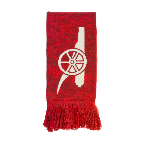 A red mottled knit scarf featuring a large white cannon logo and red fringes at the bottom.