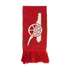 A red mottled knit scarf featuring a large white cannon logo and red fringes at the bottom.