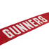 A red textured scarf with "GUNNERS" printed in large, bold white capital letters, angled against a white background.