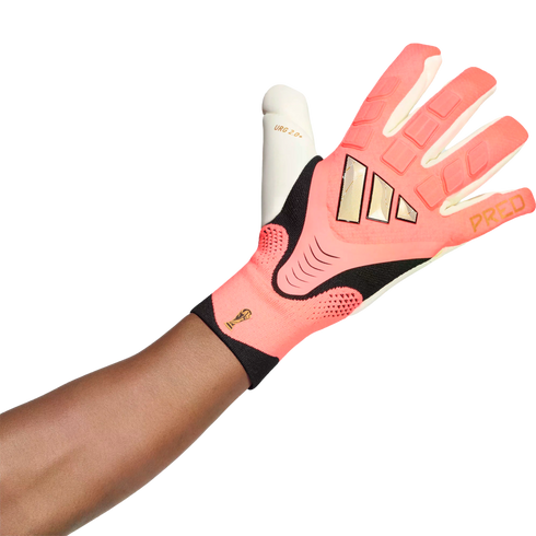 A dark-skinned arm wearing a pink, black, and white goalkeeper glove with gold accents, set against a plain white background.