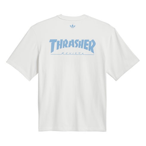 The back of a white short-sleeved t-shirt with a light blue Adidas trefoil logo above a large light blue "THRASHER REVISTA" graphic.