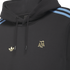 Close-up of a black hoodie with gold Adidas and AFA logos and light blue stripes on the shoulders.