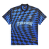 Blue and black checkered Adidas polo shirt featuring gold AFA and trefoil logos, and a large light blue "Thrasher Revista" graphic across the front.