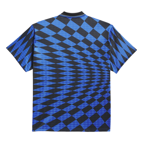 Back view of a blue and black football jersey featuring a warped diamond pattern with repeating "AIA" logo details.