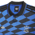 Close-up of a blue and black diamond-patterned Adidas Argentina jersey with a black polo collar and gold embroidered AFA and Trefoil logos.