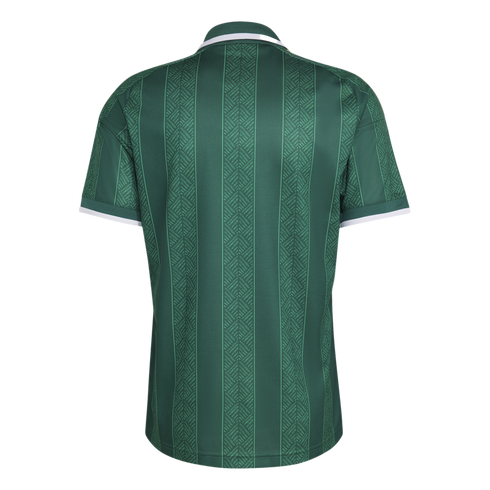 Back of a dark green short-sleeved jersey featuring vertical stripes with a textured chevron pattern and white trim on the collar and cuffs.