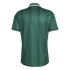 Back of a dark green short-sleeved jersey featuring vertical stripes with a textured chevron pattern and white trim on the collar and cuffs.
