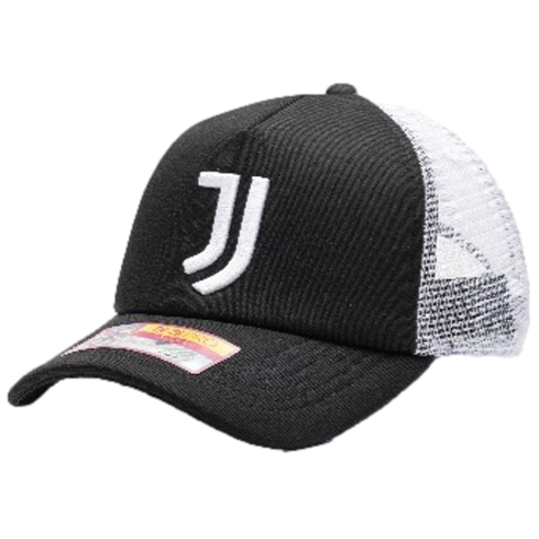 Black trucker cap with white mesh back, featuring a white Juventus "J" logo on the front and a sticker on the black brim.