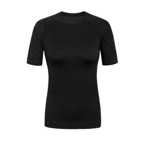 Black women's short-sleeved compression shirt with textured shoulder patterns and a round neck, isolated on a white background.