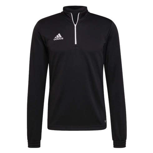 A black Adidas long-sleeved athletic top featuring a white quarter-zip and a white logo on the chest.