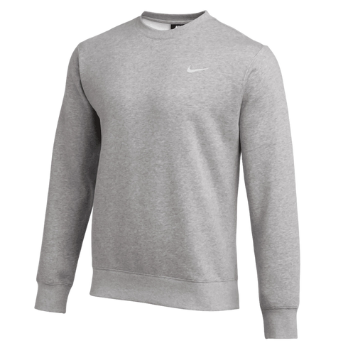 Light grey Nike crewneck sweatshirt with a white swoosh logo on the chest, long sleeves with ribbed cuffs, and a ribbed hem.