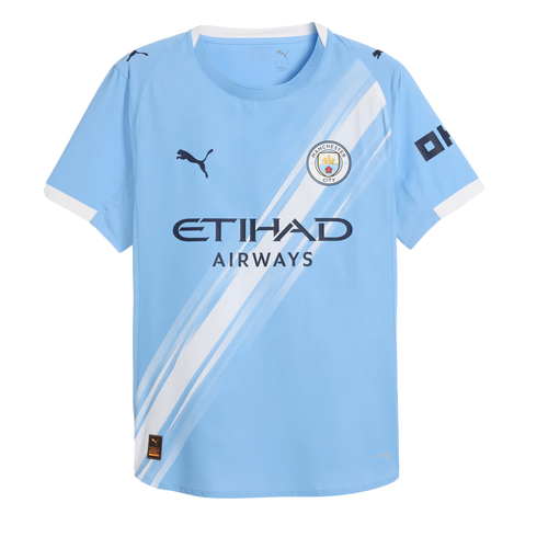 Manchester City light blue Puma football jersey featuring a white diagonal sash, team crest, and Etihad Airways sponsor logo.