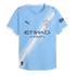 Manchester City light blue Puma football jersey featuring a white diagonal sash, team crest, and Etihad Airways sponsor logo.