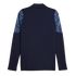 Back of a navy blue long-sleeved sports shirt featuring light blue patterned panels on the upper shoulders and sleeves, set against a solid black background.