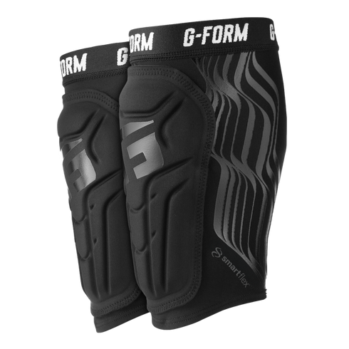 A pair of black G-Form protective pads featuring segmented SmartFlex padding and wavy graphic accents on the sides.