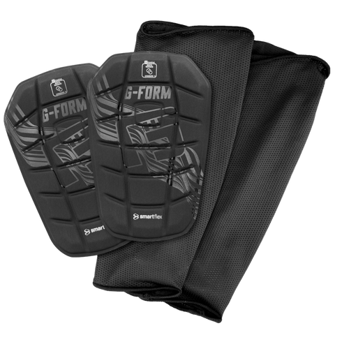 A pair of black G-Form SmartFlex soccer shin guards with two matching mesh compression sleeves.