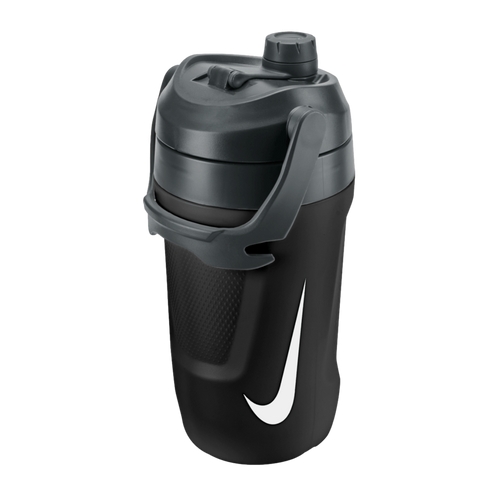 A black Nike water jug with a carry handle and a prominent white swoosh logo on the front.