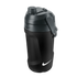 Black and grey Nike water jug with a textured grip and white swoosh logo, featuring a grey lid with a screw cap and carrying handle, isolated on a black background.