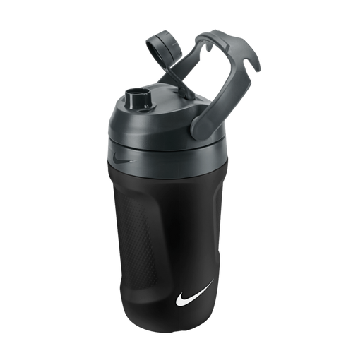 A black and grey Nike shaker bottle with a carrying handle, flip-top lid, and white swoosh logo on its base.