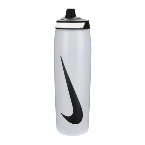 Semi-transparent white Nike water bottle with a black swoosh logo and black pull-top lid, isolated on a black background.