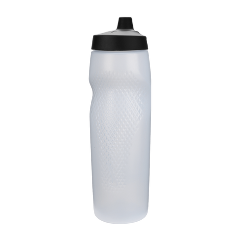 Translucent white sports water bottle with a textured diamond grip and black screw-on pull-top lid, against a black background.
