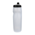 Translucent white sports water bottle with a textured diamond grip and black screw-on pull-top lid, against a black background.
