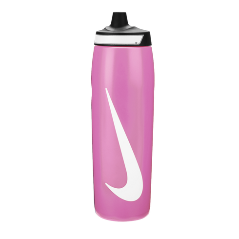 A pink Nike water bottle with a large white swoosh on the front and a black pull-top cap, shown against a solid black background.