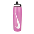 A pink Nike water bottle with a large white swoosh on the front and a black pull-top cap, shown against a solid black background.