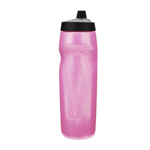 A pink Nike water bottle with a black pull-top lid and a textured diamond grip, isolated against a black background.