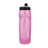 A pink Nike water bottle with a black pull-top lid and a textured diamond grip, isolated against a black background.