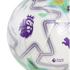 Close-up of a white Puma soccer ball featuring the purple English Premier League lion logo and geometric patterns in purple, silver, and green.