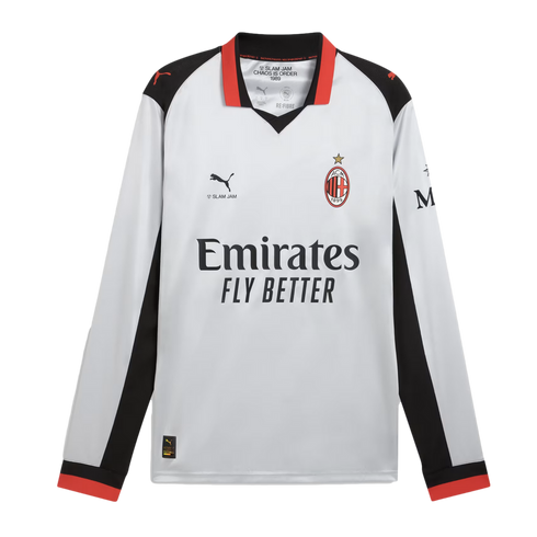White long-sleeved AC Milan x Slam Jam jersey with black and red details, featuring the Emirates sponsor and club crest on the chest.