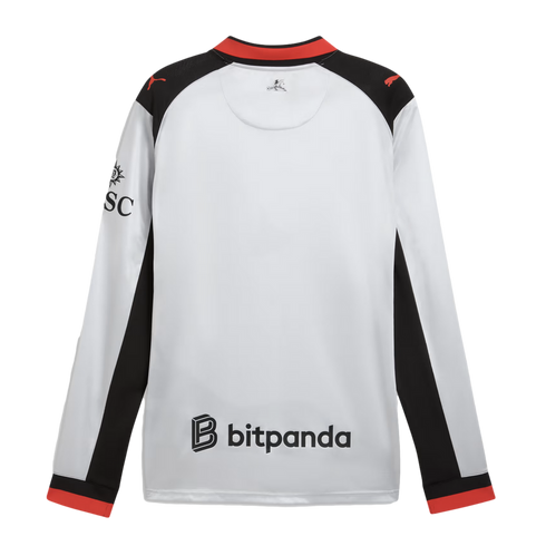 Back view of a white, black, and red long-sleeved jersey featuring Puma logos on the shoulders and a bitpanda logo on the lower back.