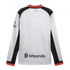Back view of a white, black, and red long-sleeved jersey featuring Puma logos on the shoulders and a bitpanda logo on the lower back.