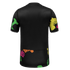Back view of a black short-sleeved t-shirt with colorful, distressed abstract patterns on the sleeves and lower hem. Sleeve cuffs feature a white trim.