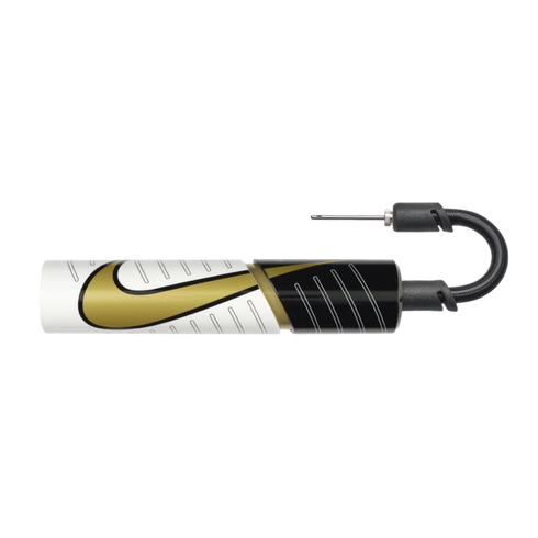 A small, cylindrical air pump for sports balls, featuring a gold Nike swoosh logo on a white and black background with a black hose and needle attached.