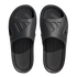 Top-down view of black Adidas slides with the embossed logo on the strap and "END PLASTIC WASTE" printed on the footbed.